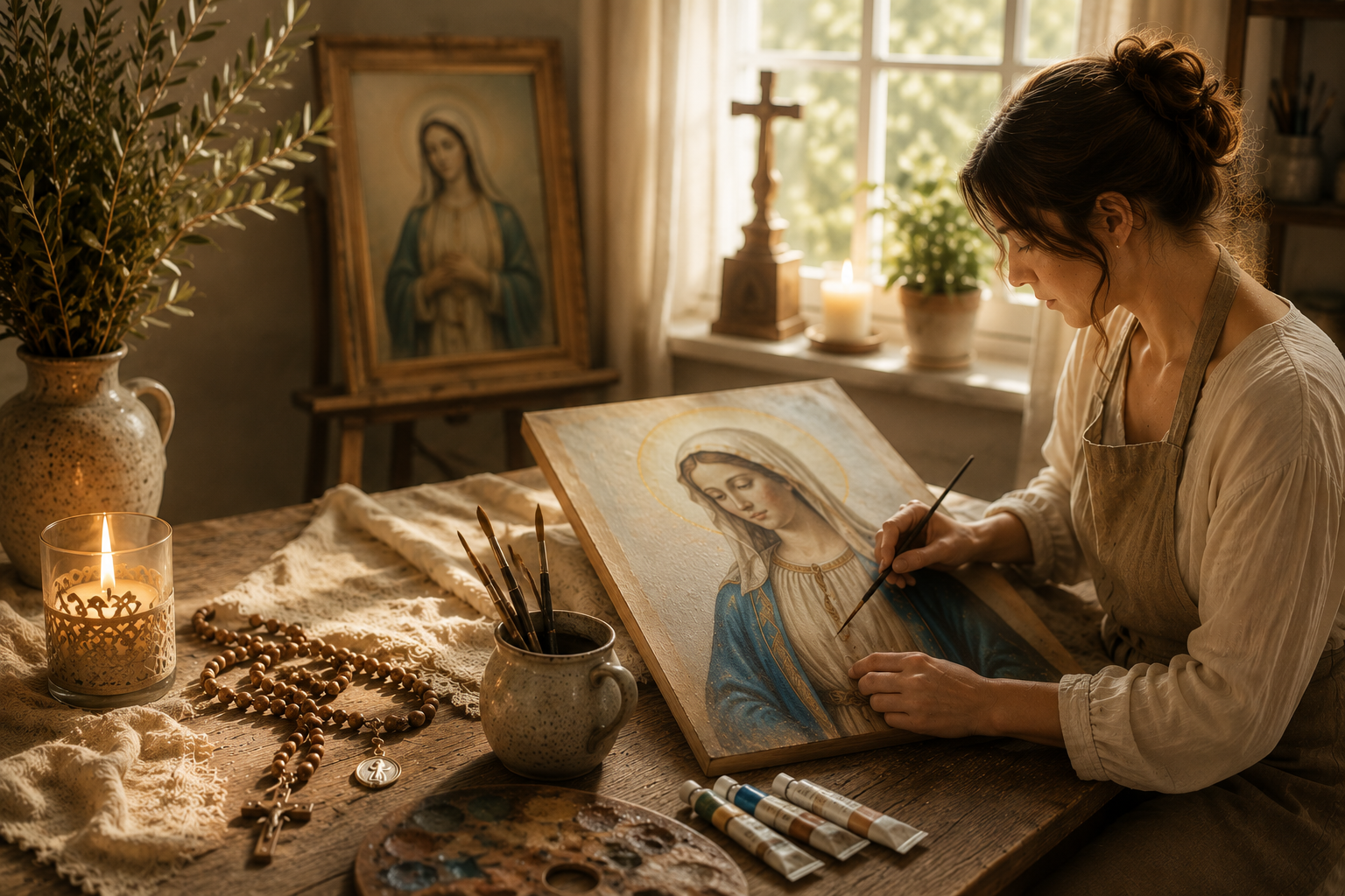 Sacred art being created in a peaceful artist studio